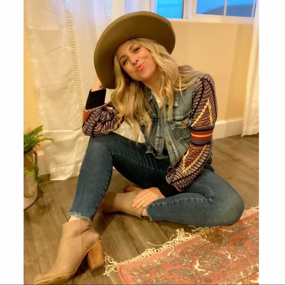 Flying Tomato Jackets & Blazers - KNITTED SLEEVE BUTTON DOWN DENIM JACKET